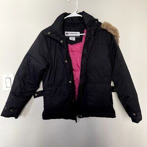 Columbia long sleeved puffer coat pockets winter style pink black removable hood